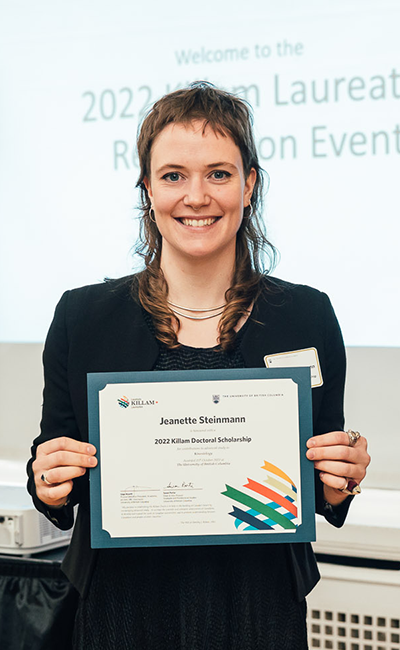 Jeanette Steinmann holding a 2022–23 UBC Killam Doctoral Scholarship