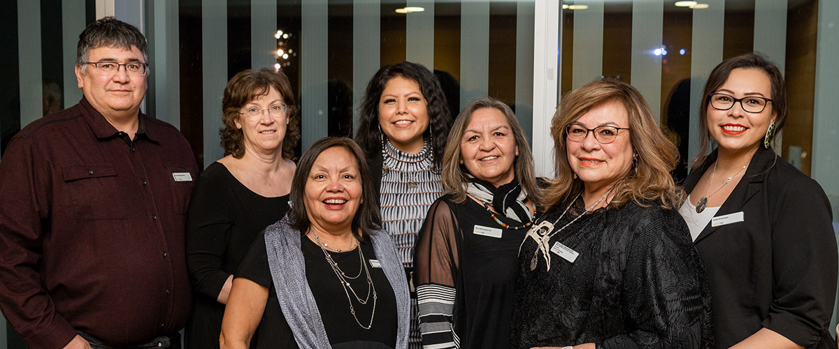 Six women and one man at UBC Alma Mater Society Awards Gala on February 2023. 2023 Great Trekker Award winner, Dr. Verna Billy-Minnabarriet second from right